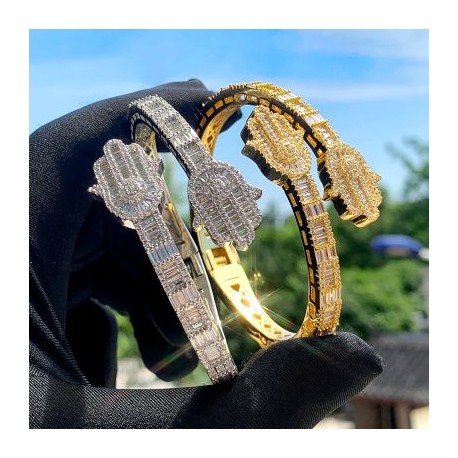 Iced Out Baguette Cut Hamsa Open Bracelet
