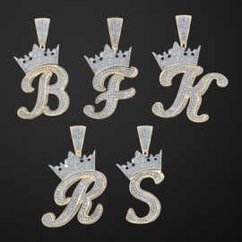Iced A-Z Crown Cursive Letter Pendant