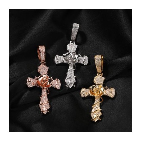 Iced Thorns Rose Cross Pendant