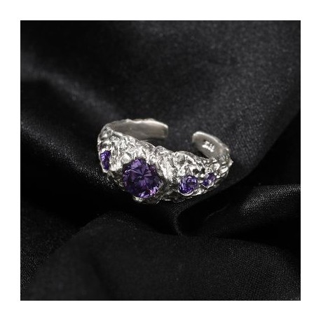 S925 Sterling Silver Purple Stone Irregular  Open Ring