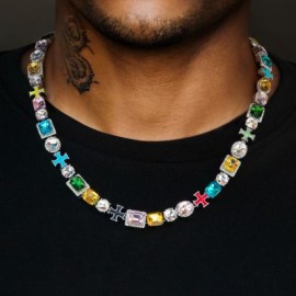 10mm Multicolored Diamonds Enamel Cross Necklace in White Gold