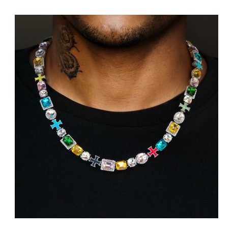 10mm Multicolored Diamonds Enamel Cross Necklace in White Gold