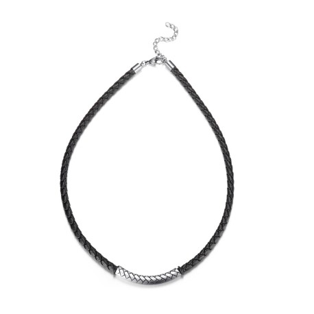 Stainless Steel Tube Black Leather Necklace