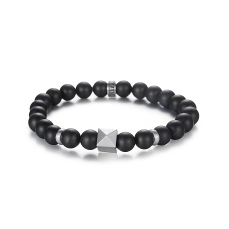 Stainless Steel Pyramid Black Onyx Beads Bracelet
