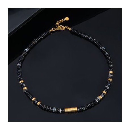 Oblate Round Black Onyx Stone Beads Necklace