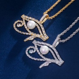 Micro Paved Baguette Pearl Egyptian Eye of Horus Pendant