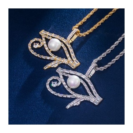 Micro Paved Baguette Pearl Egyptian Eye of Horus Pendant