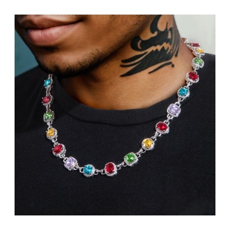 8.5mm Multi-color Diamonds Chain in White Gold