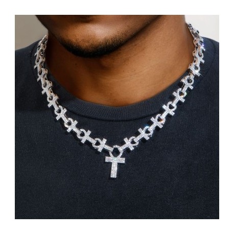 16mm Micro Pave Ankh Link Chain in White Gold