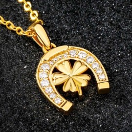 Iced Lucky Horseshoe 4-Leaf Clover Pendant
