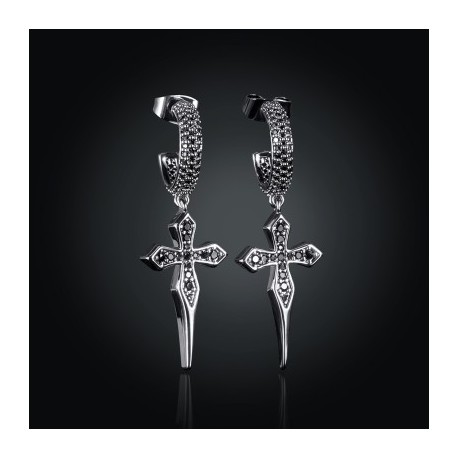 Iced Sharp Cross Drop Earring in Black Gold