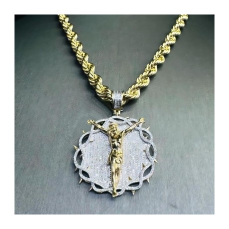Paved Crown of Thorns with Jesus Medallion Pendant