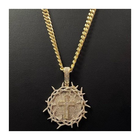 Iced Crown of Thorns with Cross Medallion Pendant