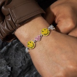 Smile Face & Heart Link Bracelet in White Gold