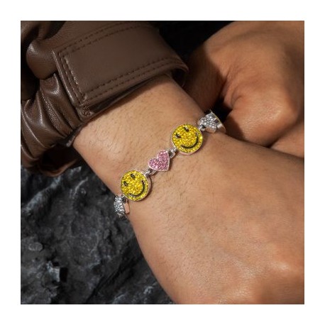 Smile Face & Heart Link Bracelet in White Gold