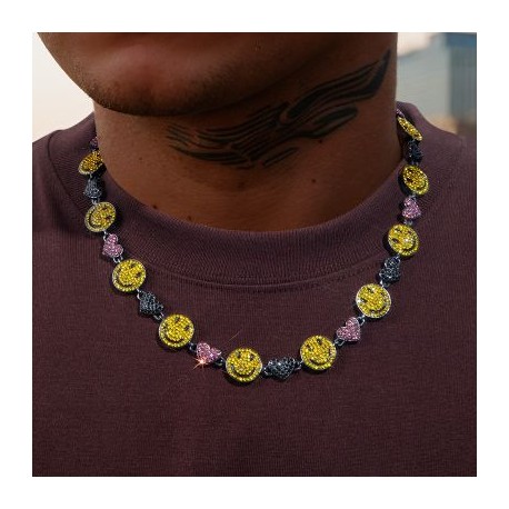 20'' Smile Face & Heart Link Chain in Black Gold
