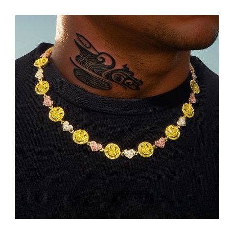 20'' Smile Face & Heart Link Chain in Gold