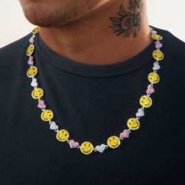 20'' Smile Face & Heart Link Chain in White Gold
