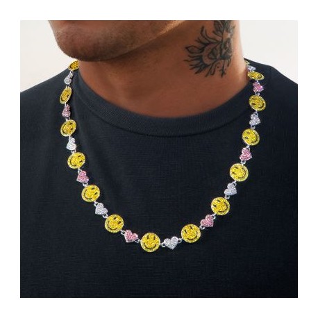 20'' Smile Face & Heart Link Chain in White Gold