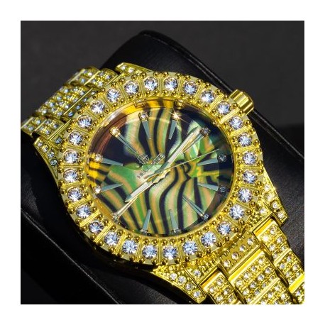Luxury Iced Multi-color Sea Shell Dial Mens Watch in Gold