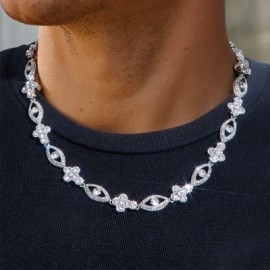 Round Diamonds Cross with Evil Eyes Chain in White Gold