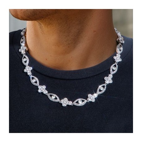 Round Diamonds Cross with Evil Eyes Chain in White Gold