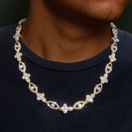 Round Diamonds Cross with Evil Eyes Chain in Gold
