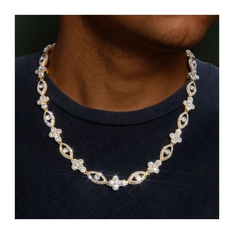 Round Diamonds Cross with Evil Eyes Chain in Gold