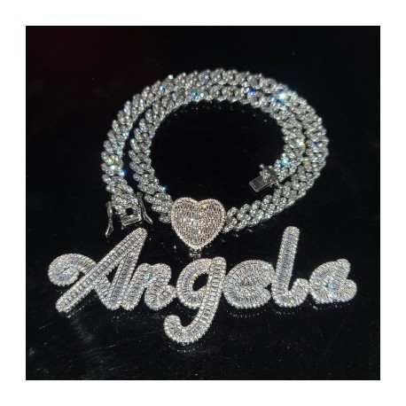 Iced Heart Custom Cursive Name Baguette Pendant