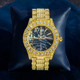 Micro Pave Sea Shell Dial Mens Watch in Gold