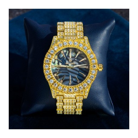 Micro Pave Sea Shell Dial Mens Watch in Gold