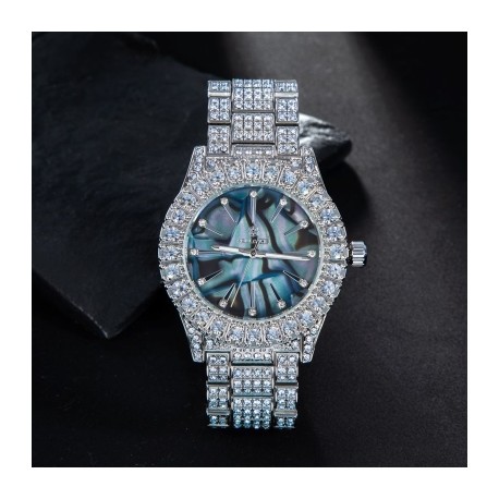 Fully Iced Sea Shell Dial Mens Watch in White Gold