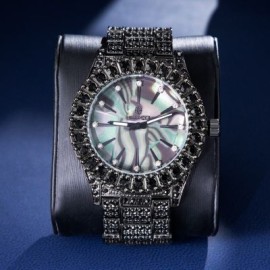 Fully Iced Sea Shell Dial Wrist Watch in Black Gold