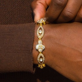 Round Diamonds Cross with Evil Eyes Bracelet in Gold