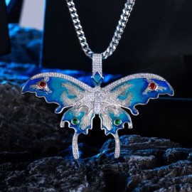 Vintage Blue Enamel Butterfly Pendant with Franco Box Chain