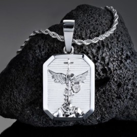 Archangel Saint Michael Dog Tag Pendant in White Gold