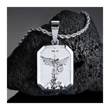 Archangel Saint Michael Dog Tag Pendant in White Gold