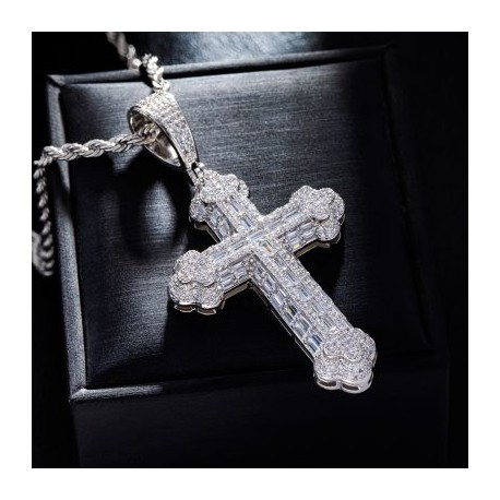 Micro Pave Baguette Cross Pendant in White Gold
