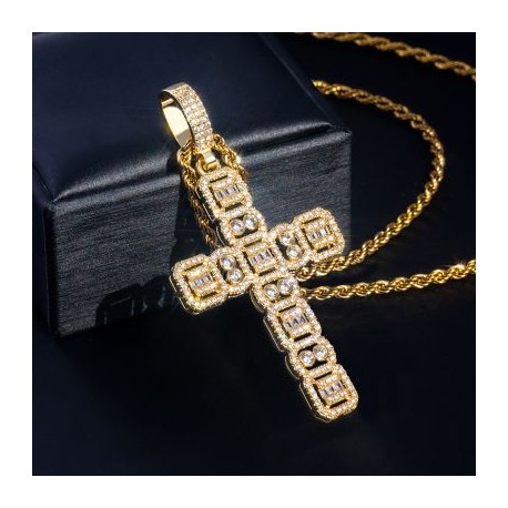 Round and Baguette Cut Cluster Cross Pendant
