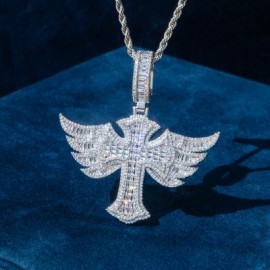 Winged Baguette Cross Pendant in White Gold