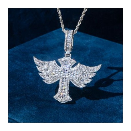 Winged Baguette Cross Pendant in White Gold