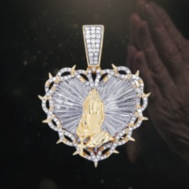 Praying Hands with Thorns Rosary Heart Pendant in Gold