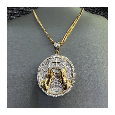 Iced Out Hands with Cross Round Pendant