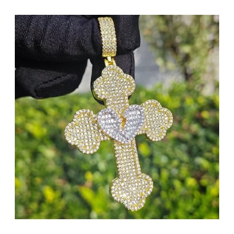 Broken Baguette Heart Cross Pendant