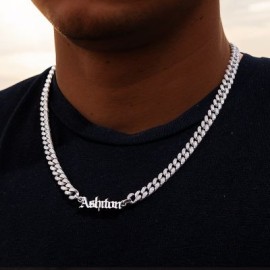 Custom Old English Name Necklace with Iced 8mm Cuban Chain
