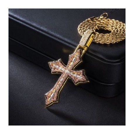 Iced Pink Baguette Cut Cross Pendant in Gold