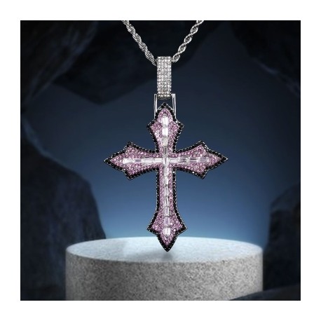Iced Purple Baguette Cut Cross Pendant in White Gold