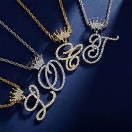 Iced Cursive A-Z Initial Letters Pendant with Crown