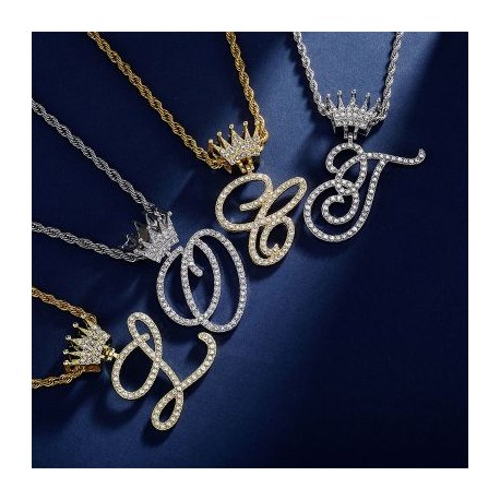 Iced Cursive A-Z Initial Letters Pendant with Crown