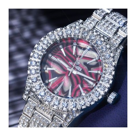 Fully Iced Red Sea Shell Dial Mens Watch in White Gold